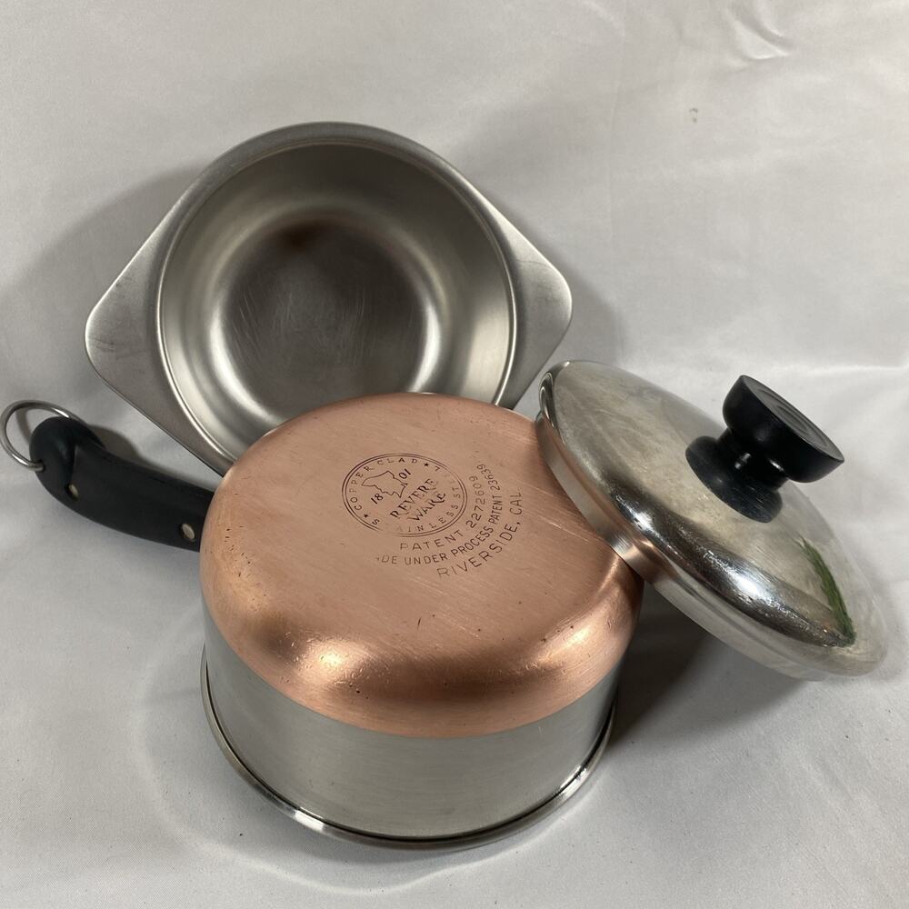 Revere Ware 1 Qt Copper Bottom Sauce Pan Boiler Insert Lid Stainless Steel pre68